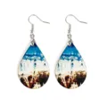 Lightweight teardrop wooden earrings with blue wave abstract print for summer style. - Blue White Wave (7)