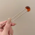 Detail shot of minimalist U-shaped hair stick with amber stone for vintage outfits. - 12.5cm / Coffee Color(12.5cm)
