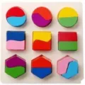 Pädagogisches Holzpuzzle mit geometrischen Formen für die frühkindliche Entwicklung und Farberkennung. - Zweigeteilt