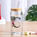 Glass tumbler with wooden lid and glass straw, floral letter C design, cold drink cup. - Style C