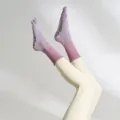 Gradient five toe yoga socks with anti slip grips, comfortable cotton mid tube pilates socks. - Maple Leaf Pinkish Purple