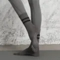Grey yoga grip toe socks with black stripes, non-slip pilates athletic mid-calf socks. - Gray