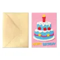 Vue detaillee de la carte de voeux d'anniversaire en feutre fait main avec gateau et enveloppe. - Rose