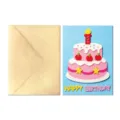 Gros plan sur la carte de voeux d'anniversaire en feutre avec gâteau 3D et enveloppe kraft. - Bleu
