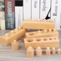 Montessori wooden cylinder blocks socket educational toy variant, natural wood finish. - Natural Wood Small Cylinder Sockets