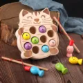 Wooden magnetic cat fishing game toy for kids, educational toddler gift with double rods. - Cat Fishing