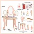 Kids wooden pretend play vanity table set with mirror, stool and makeup toy accessories. - Pink Style