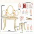 Kids Wooden Pretend Play Vanity Dresser Table Toy Set with Tri-folding Mirror and Makeup - Yellow Style
