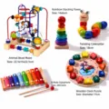 Wooden baby educational toy set including bead maze, rainbow tower, xylophone, clock and worm. - Bead Maze, Xylophone, Wiggle Worm, Rainbow Tower and Clock
