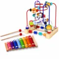 Wooden baby bead maze and 8-note xylophone educational montessori toy set for toddlers. - Animal 3-Wire Bead Maze and Xylophone