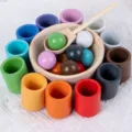 Montessori Holz Farb-Sortierspielzeug Set mit Bechern und Bällen für Kleinkinder Früherziehung. - Große 12-Farben-Bälle und Becher