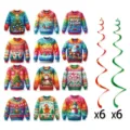 Christmas ugly sweater party decoration set with hanging swirls and festive cards. - Ugly Sweater Spiral Swirls Kit (Y-00455) / 12 Cards + 12 Spirals