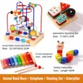 Wooden baby educational toy set including bead maze, sorting puzzle, xylophone, and worm. - Bead Maze, Wiggle Worm, Xylophone and 4-Column Stacker
