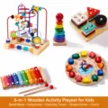 Wooden baby educational toy set including bead maze, rainbow tower, and xylophone for kids. - Bead Maze, Xylophone, Column Stacker, Rainbow Tower and Clock