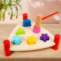 Wooden pounding bench early education toy with hammer and geometric shape sorting blocks for kids. - Shape Sorting Pounding Bench