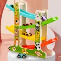 Wooden animal track sliding car toy set, kids educational interactive game vehicle model. - Animal Track Glider Cars