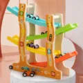 Wooden children's educational track sliding car toy, colorful multi-layer ramp toy with small cars - Traffic Track Glider Cars