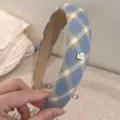 Blauer karierter Haarreif fuer Damen suesse breite Haarspange modischer Kopfschmuck - Blau Karo Stirnband