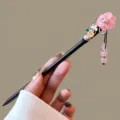 Chinese style wooden hairpin detail view, elegant pink flower and tassel design, vintage hair accessory. - Fengqingzhou Style (FZ25110)