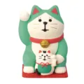Miniature green lucky cat resin desktop ornament detail view for home office decor. - Green