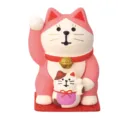 Japanese style creative pink lucky cat desktop resin miniature ornament with cute kitten figurine. - Pink