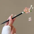 Chinese style wooden hairpin featuring pink cherry blossom and delicate tassel for women hair styling. - Peach Blossom Tassel Style / Pink (FZ25156)