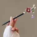 Close-up detail of Chinese style wooden hair stick with pink flower and pearl tassel. - Peach Blossom Tassel Style / Brown Purple (FZ25155)