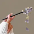 Chinese style wooden hair stick with purple floral petals and elegant pearl tassel. Detail view. - Koi Purple Blue