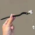 Chinese style tassel wooden hairpin with elegant white flower and pearl pendant for hair styling. - Lily of the Valley with Tassel (FZ25221)