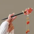 Handmade Chinese style wooden hair stick with red petal tassels and pearls for Hanfu. - Koi Red