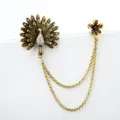 Vintage peacock and flower double pin brooch with chain, ornate rhinestone crystal detail. - Antique Gold Peacock (TL0022)