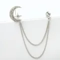 Vintage crystal moon star double chain brooch elegant silver tone lapel pin for women - Silver Moon (TL0045)