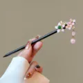 Chinese vintage wooden hair stick with pink floral tassels, elegant hair accessory for women. - Manxiyun Style (FZ25117)