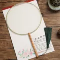 Traditional Chinese blank round silk fan with long wooden handle and green tassel for DIY painting. - Beechwood - Round - Green Border