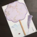 Chinese round palace fan with purple mesh, gold floral print, wooden handle & tassel. - Eight-Petal Beech Handle - Purple Small Floral