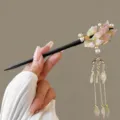Traditional Chinese style wooden hair stick with pink floral petals and elegant dangles - Koi Pink Green