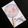 Traditional Chinese round fan with cherry blossom print, wooden handle and purple tassel for Hanfu. - New - Misty Rain Jiangnan