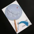 Traditional Chinese Round Fan Blue Silk Magnolia Print Long Wooden Handle Summer Hanfu - New - Quiet Valley Orchid