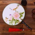 Traditional Chinese round fan with peony and bird pattern, elegant wooden handle and red tassel. - Birds and Flowers