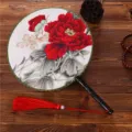 Traditional Chinese round fan classical palace silk fan with peony flower pattern and tassel. - Big Red Peony