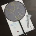 Traditional Chinese round fan court fan Hanfu gold foil floral prop for dance party home - Perfect Round Ebony Handle - Navy Blue - Small Floral