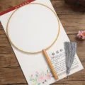 Traditional Chinese blank round silk fan with wooden handle and elegant grey tassel for DIY art painting. - Thick Beech Handle - Oil Canvas