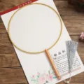 Traditional Chinese blank round fan with wooden handle and silver tassel for painting art. - Thick Beech Handle - White Satin