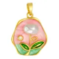 Detail view of Monet garden style enameled pearl flower pendant for DIY necklace making - T02037 Pink-Green Floral