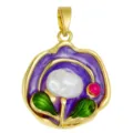 Close-up detail of the Monet style purple enamel flower pendant with pearl and green leaves. - T02042 Purple-Green Rhinestone