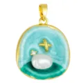 Monet garden oil painting enamel pearl flower pendant DIY necklace jewelry accessory - T02027 Blue-Green Enamel