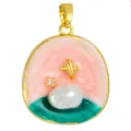 Monet oil painting style colorful enamel pendant with pearl gold plated DIY jewelry accessory - T02029 Pink-Green Enamel