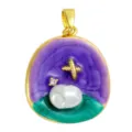 Monet garden oil painting style painted pearl gold pendant necklace DIY jewelry accessory - T02030 Purple-Green Enamel