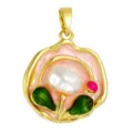 Gold Plated Baroque Pearl Enamel Flower Pendant Necklace For DIY Jewelry Making Gift - T02043 3D Pink Flower