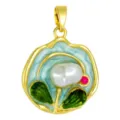 Monet garden oil painting style enamel pearl flower pendant gold plated DIY necklace accessory - T02044 Blue-Green Pearl